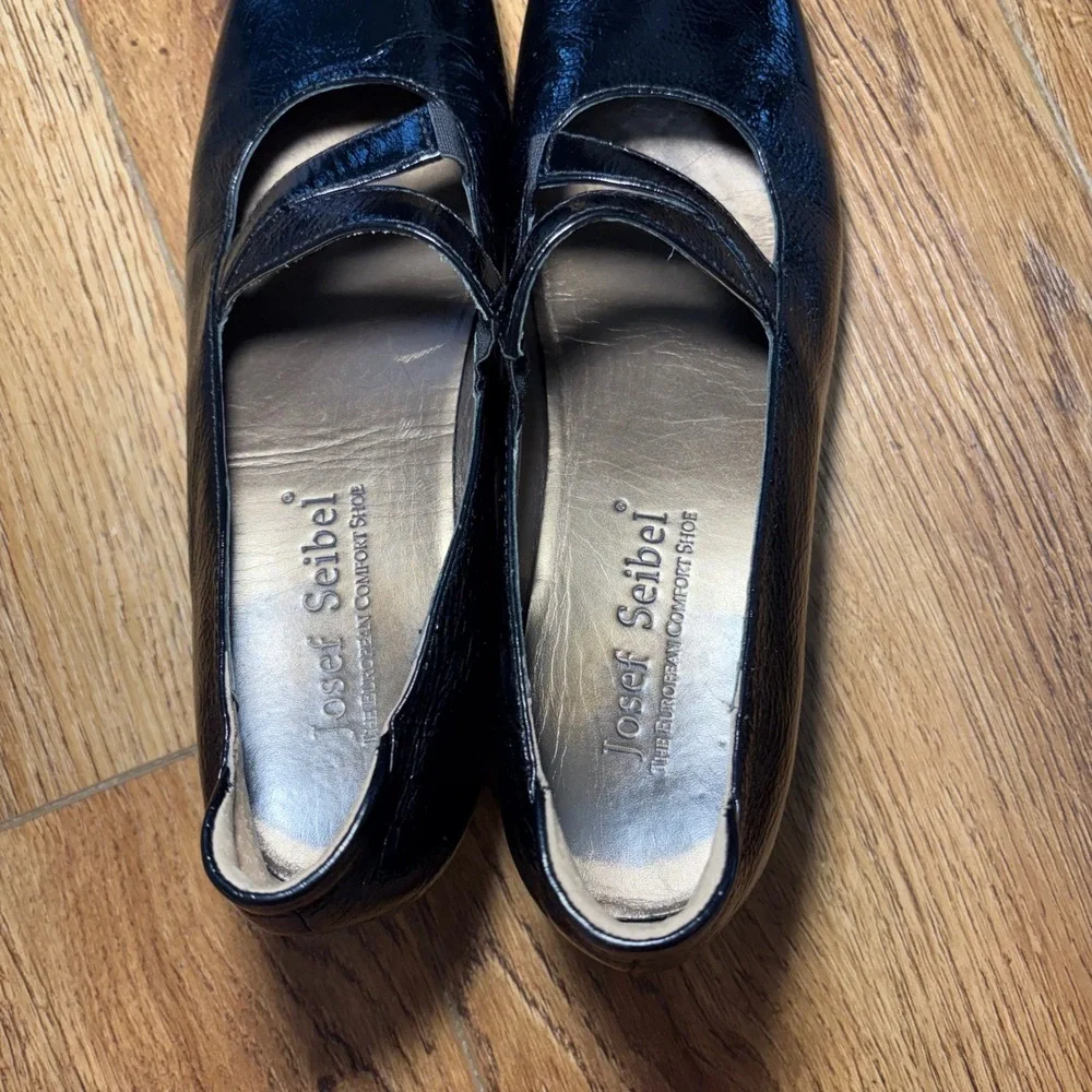 Josef Seibel Black Patent Leather Crisscross Mary Jane Wedge Shoes US 7.5 /EU 38